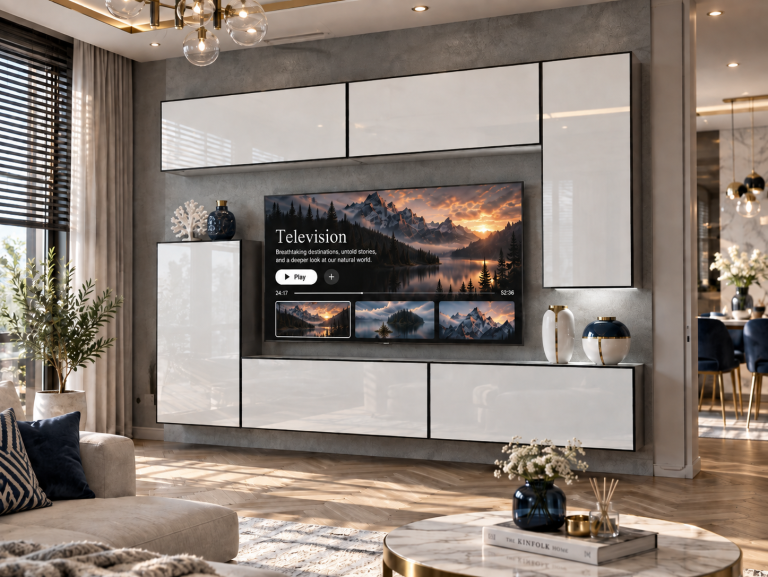 Obývacia stena Linea 250 cm TV/RTV biela lesk Výrobca IMP L Woody 8/5/W/W/0/0