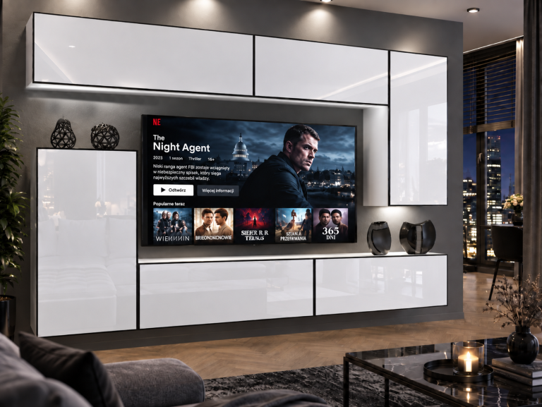 Obývacia stena Linea 250 cm TV/RTV biela lesk Výrobca IMP L Woody 8/5/W/W/0/0