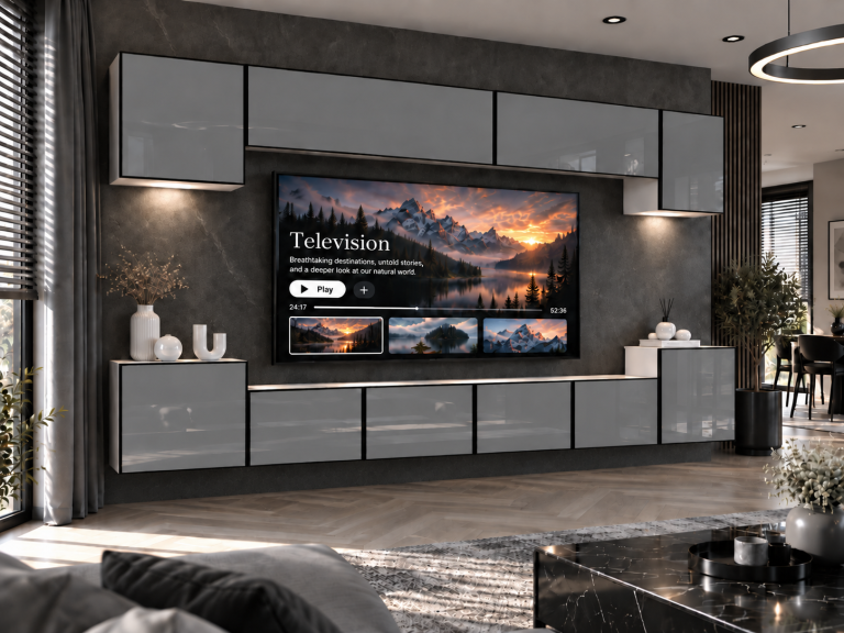 Obývacia stena Linea 300 cm TV/RTV sivá lesk Výrobca IMP L Hepburn 4/5/W/S/0/0