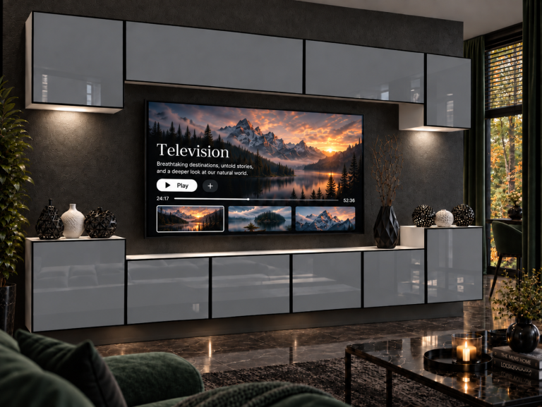 Obývacia stena Linea 300 cm TV/RTV sivá lesk Výrobca IMP L Hepburn 4/5/W/S/0/0