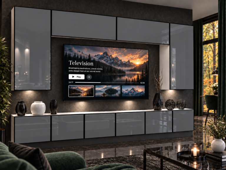Obývacia stena Linea 300 cm TV/RTV sivá lesk Výrobca IMP L Monroe 2/5/W/S/0/0