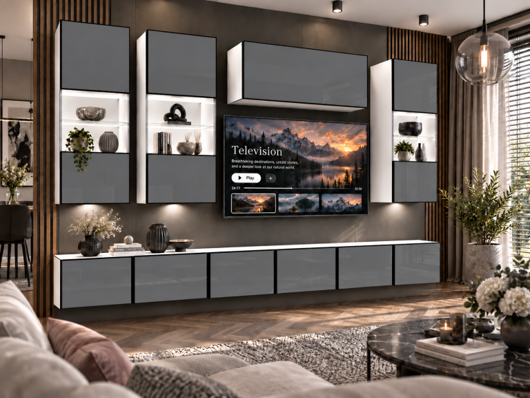 Obývacia stena Linea 300 cm TV/RTV sivá lesk Výrobca IMP L Pacino 5/5/W/S/0/0