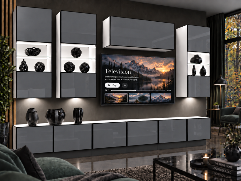 Obývacia stena Linea 300 cm TV/RTV sivá lesk Výrobca IMP L Pacino 5/5/W/S/0/0