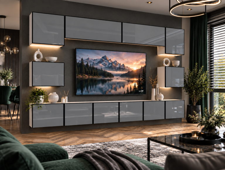 Obývacia stena Linea 300 cm TV/RTV sivá lesk Výrobca IMP L Tarantino 3/5/W/S/0/0