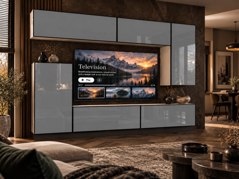 Obývacia stena Linea 250 cm TV/RTV sivá lesk Výrobca IMP L Woody 8/5/W/S/0/0