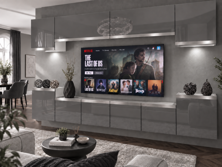 Obývacia stena Prestige 300 cm TV/RTV sivá lesk Výrobca IMP P Hepburn 4/5/W/S/0/0/SL