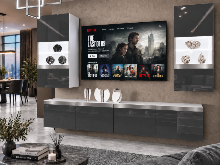 Obývacia stena Prestige 200 cm TV/RTV sivá lesk Výrobca IMP P Keanu 7/5/W/S/0/0/SL