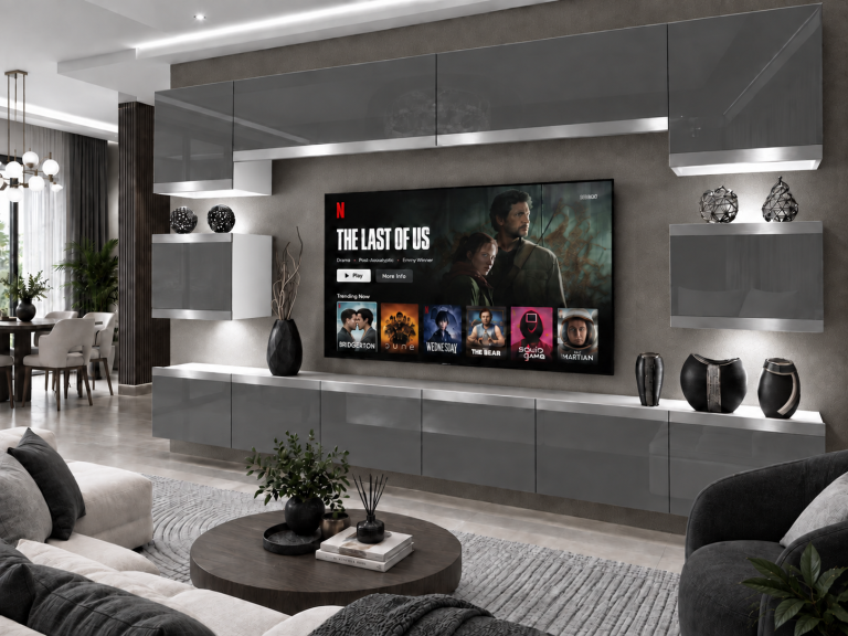 Obývacia stena Prestige 300 cm TV/RTV sivá lesk Výrobca IMP P Tarantino 3/5/W/S/0/0/SL