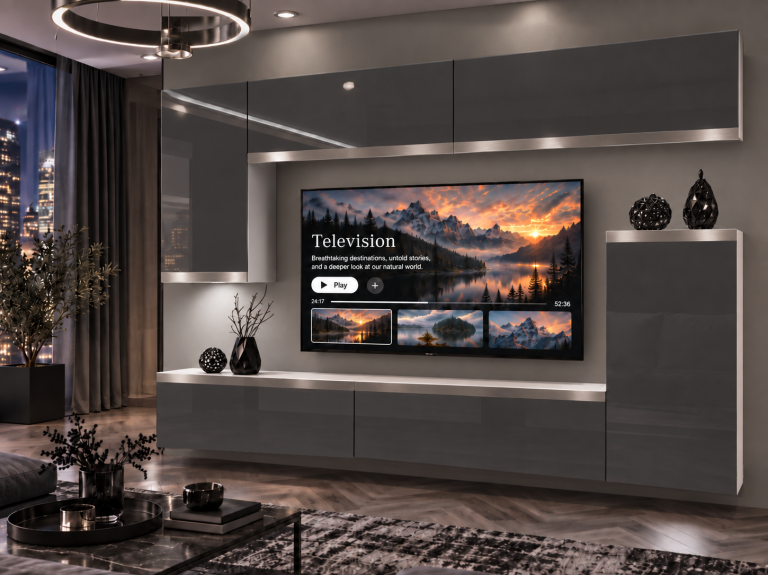 Obývacia stena Prestige 250 cm TV/RTV sivá lesk Výrobca IMP P Woody 8/5/W/S/0/0/SL