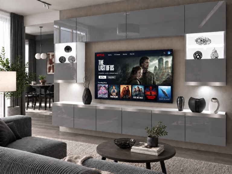 Obývacia stena Prestige 300 cm TV/RTV sivá lesk Výrobca IMP P1 Nolan 1/5/W/S/0/0/SL