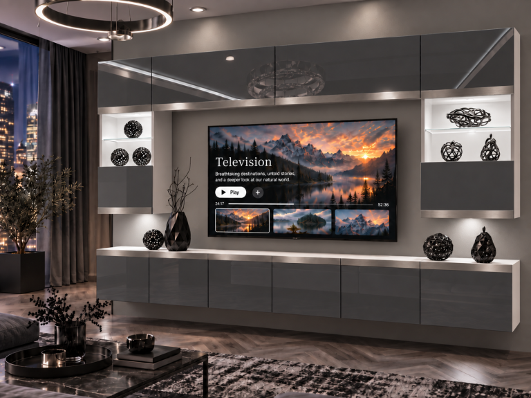 Obývacia stena Prestige 300 cm TV/RTV sivá lesk Výrobca IMP P2 Nolan 1/5/W/S/0/0/SL