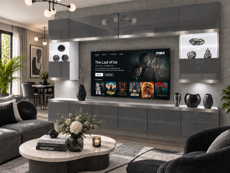 Obývacia stena Prestige 300 cm TV/RTV sivá lesk Výrobca IMP P2 Nolan 1/5/W/S/0/0/SL