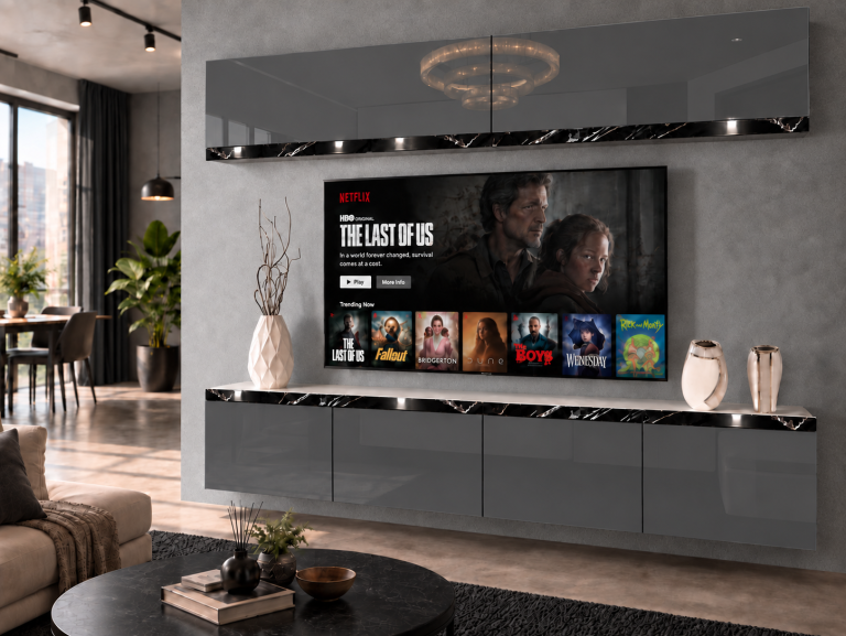 Obývacia stena Prestige 200 cm TV/RTV sivá lesk Výrobca IMP P Brando 6/5/W/S/0/0/CS