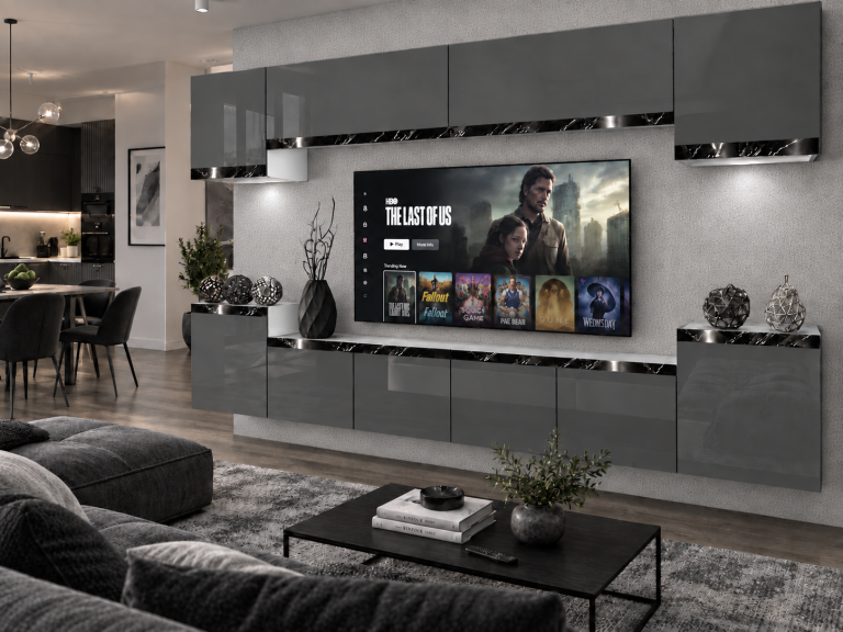 Obývacia stena Prestige 300 cm TV/RTV sivá lesk Výrobca IMP P Hepburn 4/5/W/S/0/0/CS