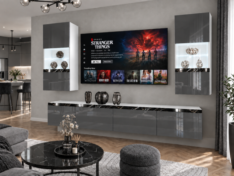 Obývacia stena Prestige 200 cm TV/RTV sivá lesk Výrobca IMP P Keanu 7/5/W/S/0/0/CS