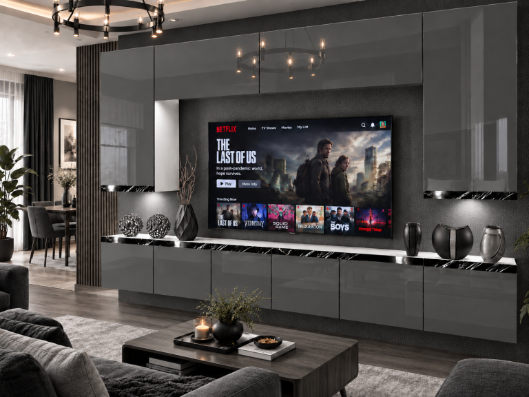 Obývacia stena Prestige 300 cm TV/RTV sivá lesk Výrobca IMP P Monroe 2/5/W/S/0/0/CS