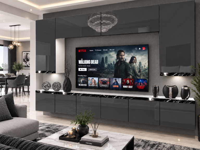 Obývacia stena Prestige 300 cm TV/RTV sivá lesk Výrobca IMP P Monroe 2/5/W/S/0/0/CS