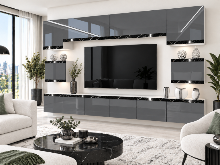 Obývacia stena Prestige 300 cm TV/RTV sivá lesk Výrobca IMP P Tarantino 3/5/W/S/0/0/CS