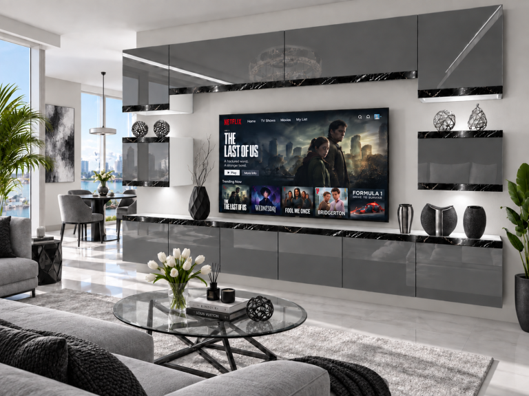 Obývacia stena Prestige 300 cm TV/RTV sivá lesk Výrobca IMP P Tarantino 3/5/W/S/0/0/CS