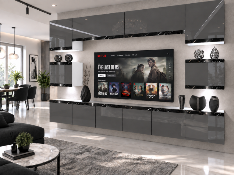 Obývacia stena Prestige 300 cm TV/RTV sivá lesk Výrobca IMP P Tarantino 3/5/W/S/0/0/CS