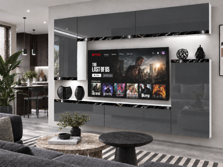 Obývacia stena Prestige 250 cm TV/RTV sivá lesk Výrobca IMP P Woody 8/5/W/S/0/0/CS