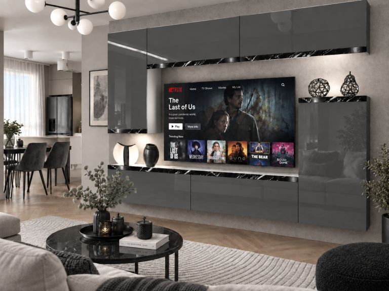 Obývacia stena Prestige 250 cm TV/RTV sivá lesk Výrobca IMP P Woody 8/5/W/S/0/0/CS