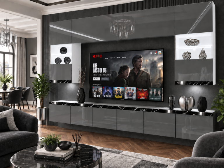 Obývacia stena Prestige 300 cm TV/RTV sivá lesk Výrobca IMP P1 Nolan 1/5/W/S/0/0/CS
