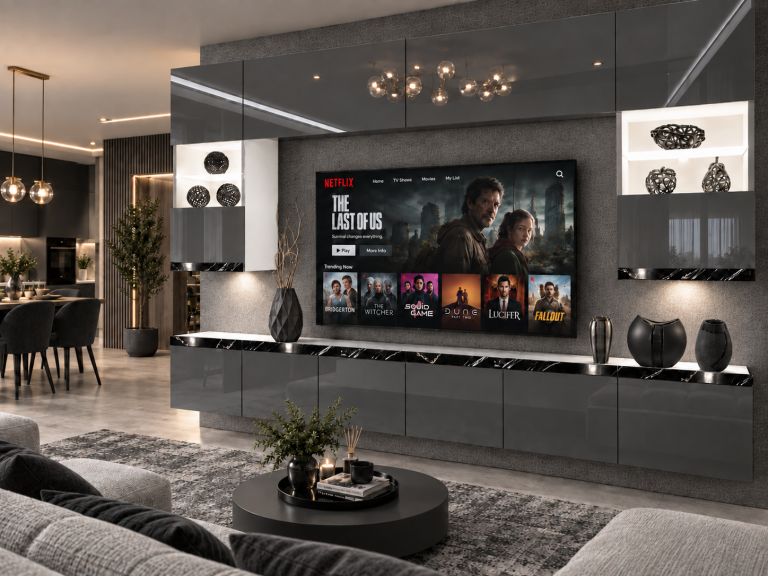 Obývacia stena Prestige 300 cm TV/RTV sivá lesk Výrobca IMP P1 Nolan 1/5/W/S/0/0/CS