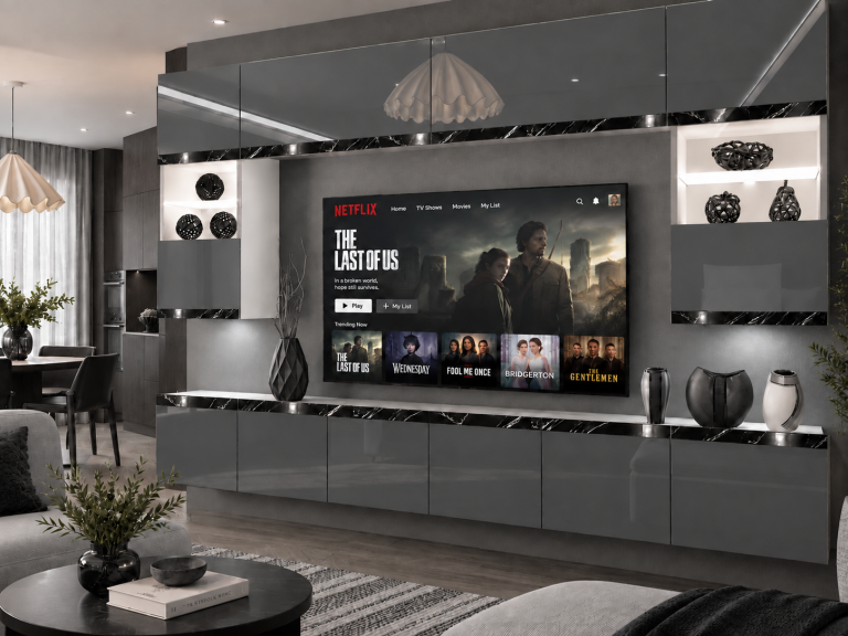 Obývacia stena Prestige 300 cm TV/RTV sivá lesk Výrobca IMP P2 Nolan 1/5/W/S/0/0/CS