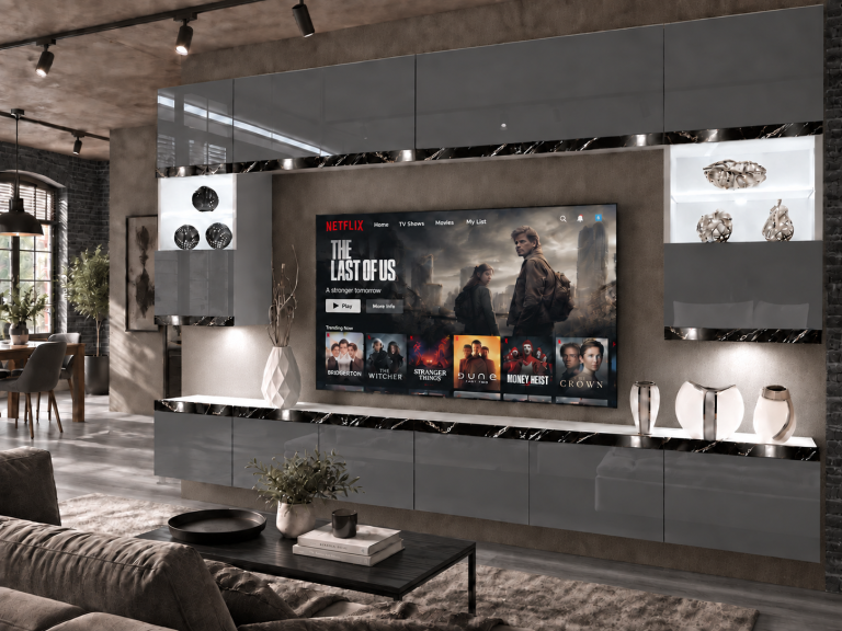 Obývacia stena Prestige 300 cm TV/RTV sivá lesk Výrobca IMP P2 Nolan 1/5/W/S/0/0/CS