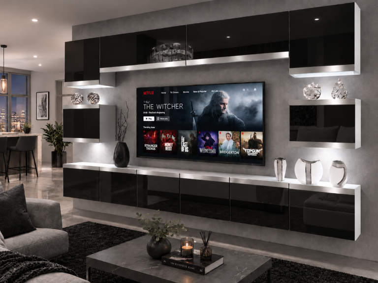 Obývacia stena Prestige 300 cm TV/RTV čierna lesk Výrobca IMP P Tarantino 3/5/W/B/0/0/SL