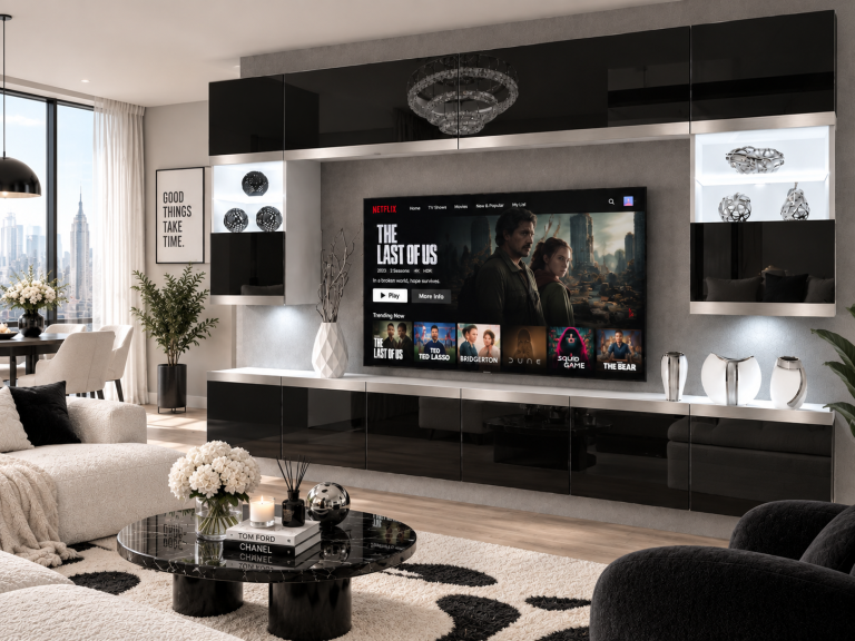 Obývacia stena Prestige 300 cm TV/RTV čierna lesk Výrobca IMP P2 Nolan 1/5/W/B/0/0/SL