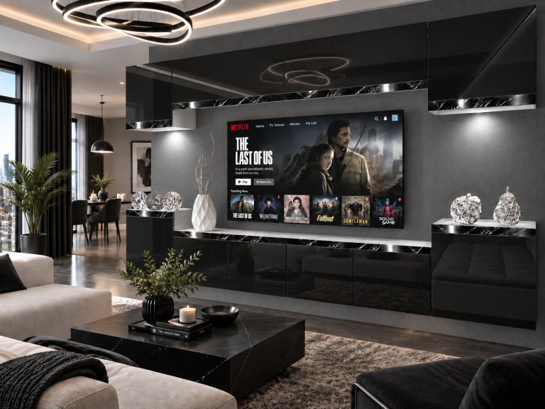 Obývacia stena Prestige 300 cm TV/RTV čierna lesk Výrobca IMP P Hepburn 4/5/W/B/0/0/CS