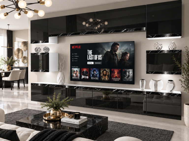 Obývacia stena Prestige 300 cm TV/RTV čierna lesk Výrobca IMP P Tarantino 3/5/W/B/0/0/CS