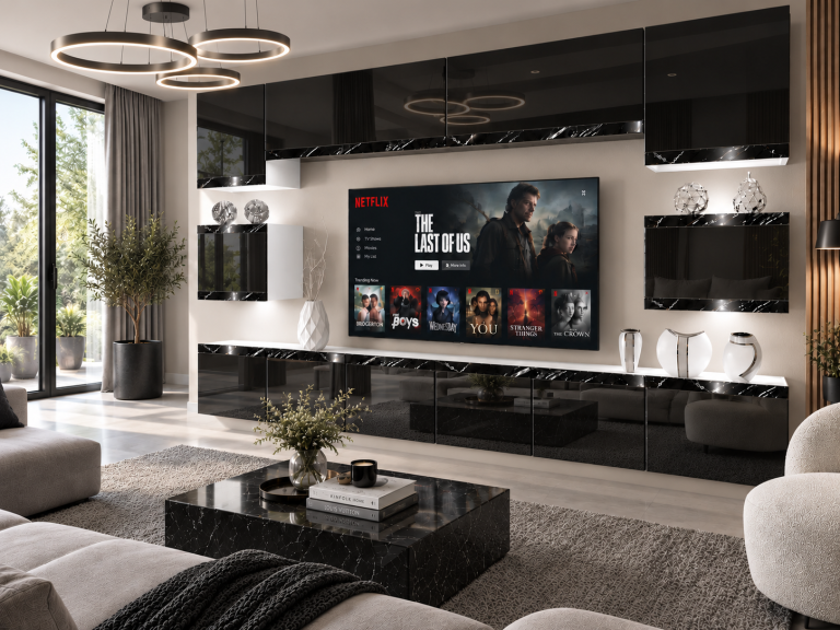Obývacia stena Prestige 300 cm TV/RTV čierna lesk Výrobca IMP P Tarantino 3/5/W/B/0/0/CS