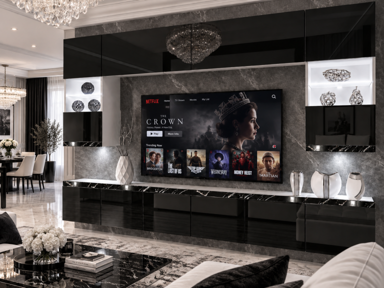 Obývacia stena Prestige 300 cm TV/RTV čierna lesk Výrobca IMP P1 Nolan 1/5/W/B/0/0/CS