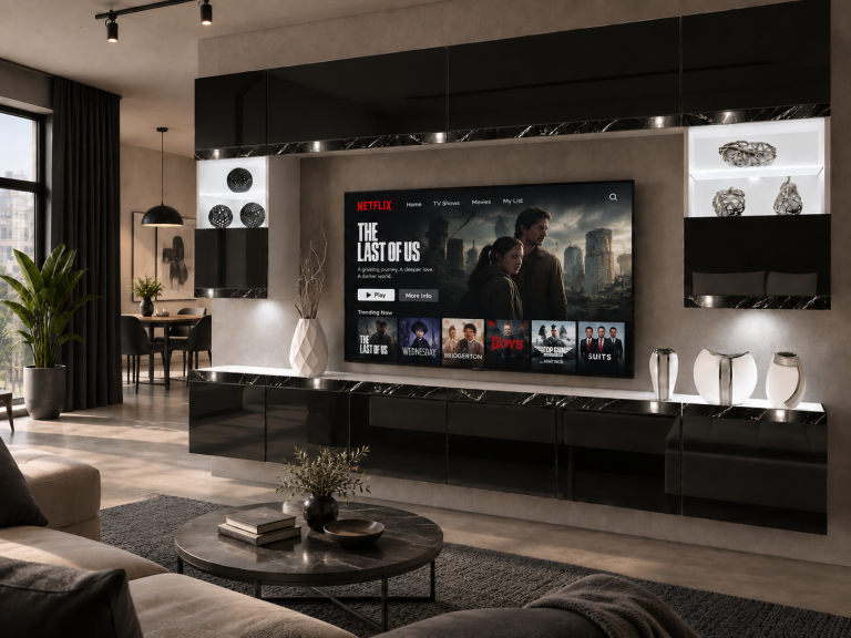 Obývacia stena Prestige 300 cm TV/RTV čierna lesk Výrobca IMP P2 Nolan 1/5/W/B/0/0/CS