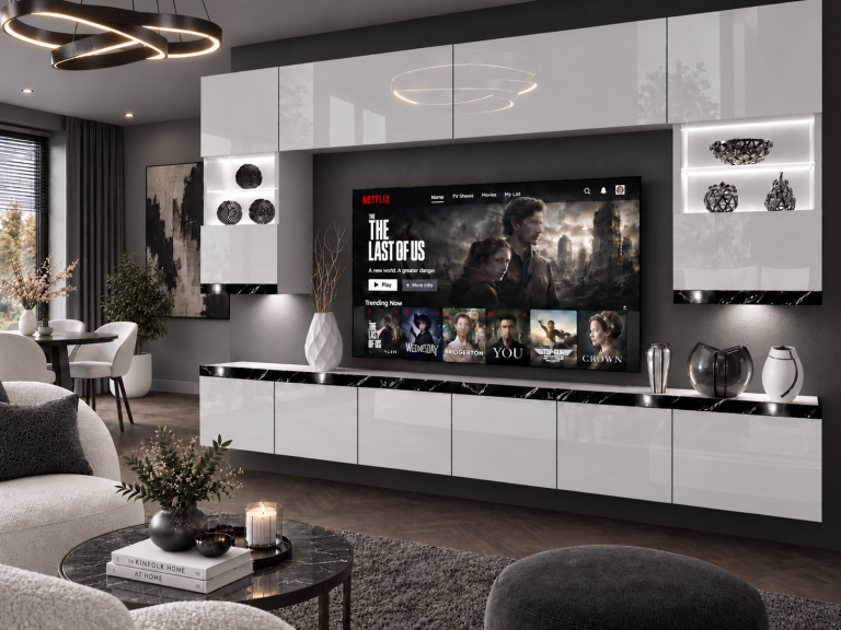 Obývacia stena Prestige 300 cm TV/RTV biela lesk Výrobca IMP P1 Nolan 1/5/W/W/0/0/CS