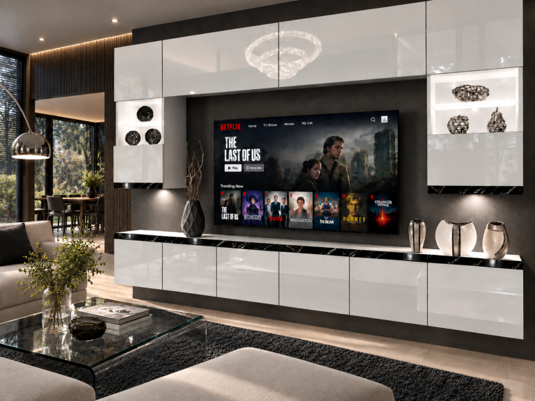 Obývacia stena Prestige 300 cm TV/RTV biela lesk Výrobca IMP P1 Nolan 1/5/W/W/0/0/CS