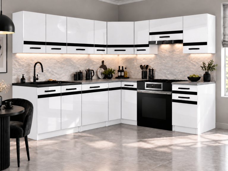 Meble kuchenne Prestige 420 cm biały połysk z blatem Producent INF P Gustav/0/WT/W/0/A1/CM