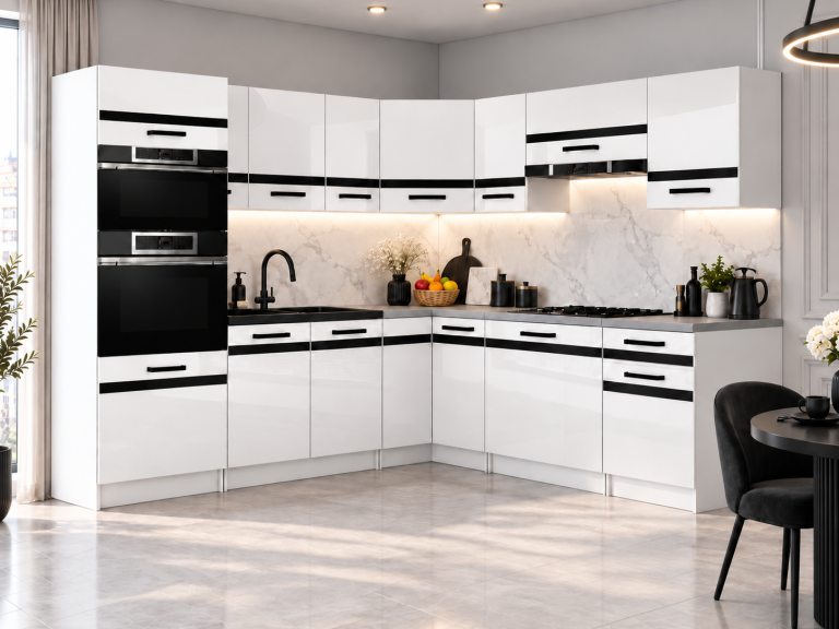 Meble kuchenne Prestige 420 cm biały połysk bez blatu Producent INF P Diego/0/WT/W/BB/0/CM