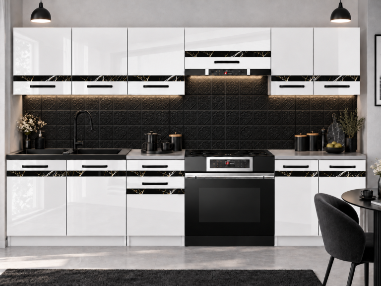 Meble kuchenne Prestige 240 cm biały połysk z blatem Producent INF P Salvador/0/WT/W/0/A1/CS
