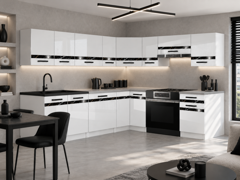 Meble kuchenne Prestige 420 cm biały połysk bez blatu Producent INF P Gustav/0/WT/W/BB/A1/CS