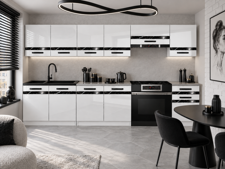 Meble kuchenne Prestige 260 cm biały połysk bez blatu Producent INF P Frida/0/WT/W/BB/A1/CS