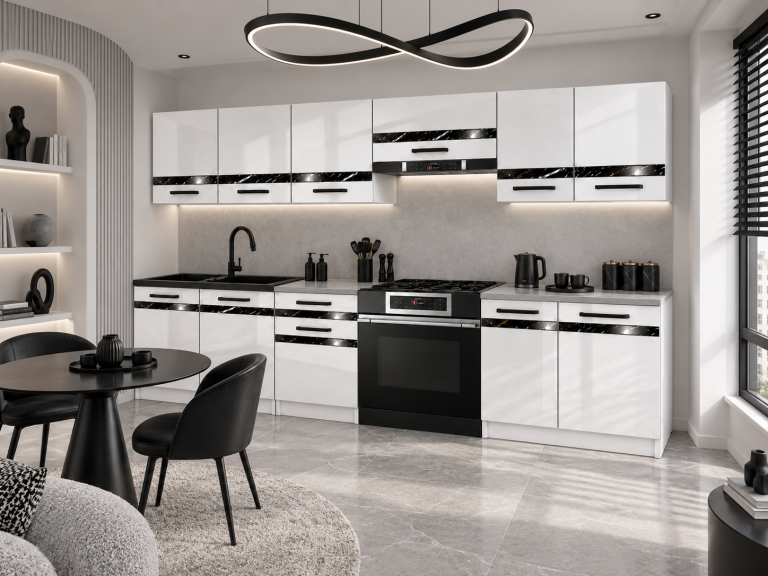 Meble kuchenne Prestige 240 cm biały połysk bez blatu Producent INF P Salvador/0/WT/W/BB/A1/CS