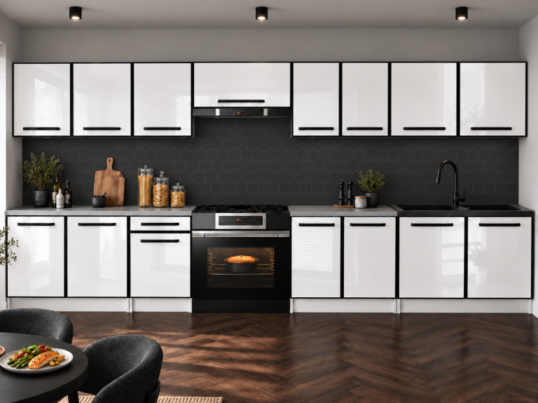 Meble kuchenne Linea 320 cm biały połysk bez blatu Producent INF L Vincent/0/WT/W/BB/A1