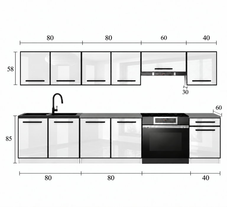 Meble kuchenne Linea 260 cm biały połysk bez blatu Producent INF L Frida/0/WT/W/BB/A1