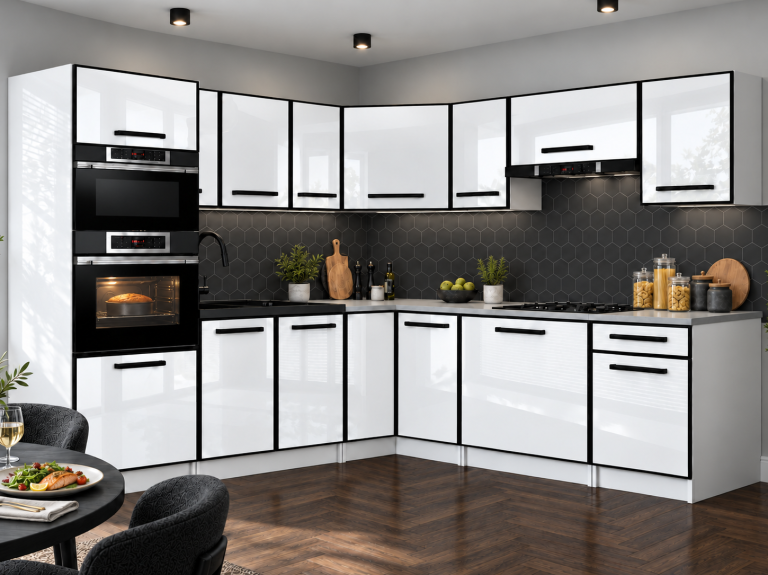 Meble kuchenne Linea 420 cm biały połysk bez blatu Producent INF L Diego/0/WT/W/BB/A1