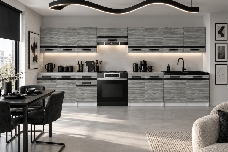 Meble kuchenne Prestige 320 cm glamour wood z blatem Producent TOR P Vincent/0/WT/GW1/0/A1/CM