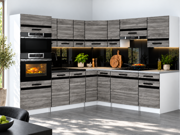 Meble kuchenne Prestige 420 cm glamour wood bez blatu Producent TOR P Diego/0/WT/GW1/BB/A1/CM
